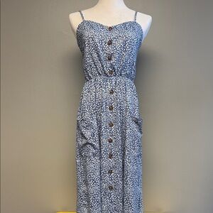 Angashion Floral Midi Dress Size L Blue Button Front Sleeveless